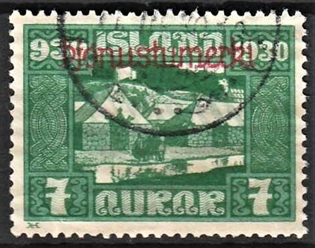 FRIMÆRKER ISLAND | 1930 - AFA 46 - Alting overtryk "Pjonusturmerki" - 7 aur grøn - Stemplet